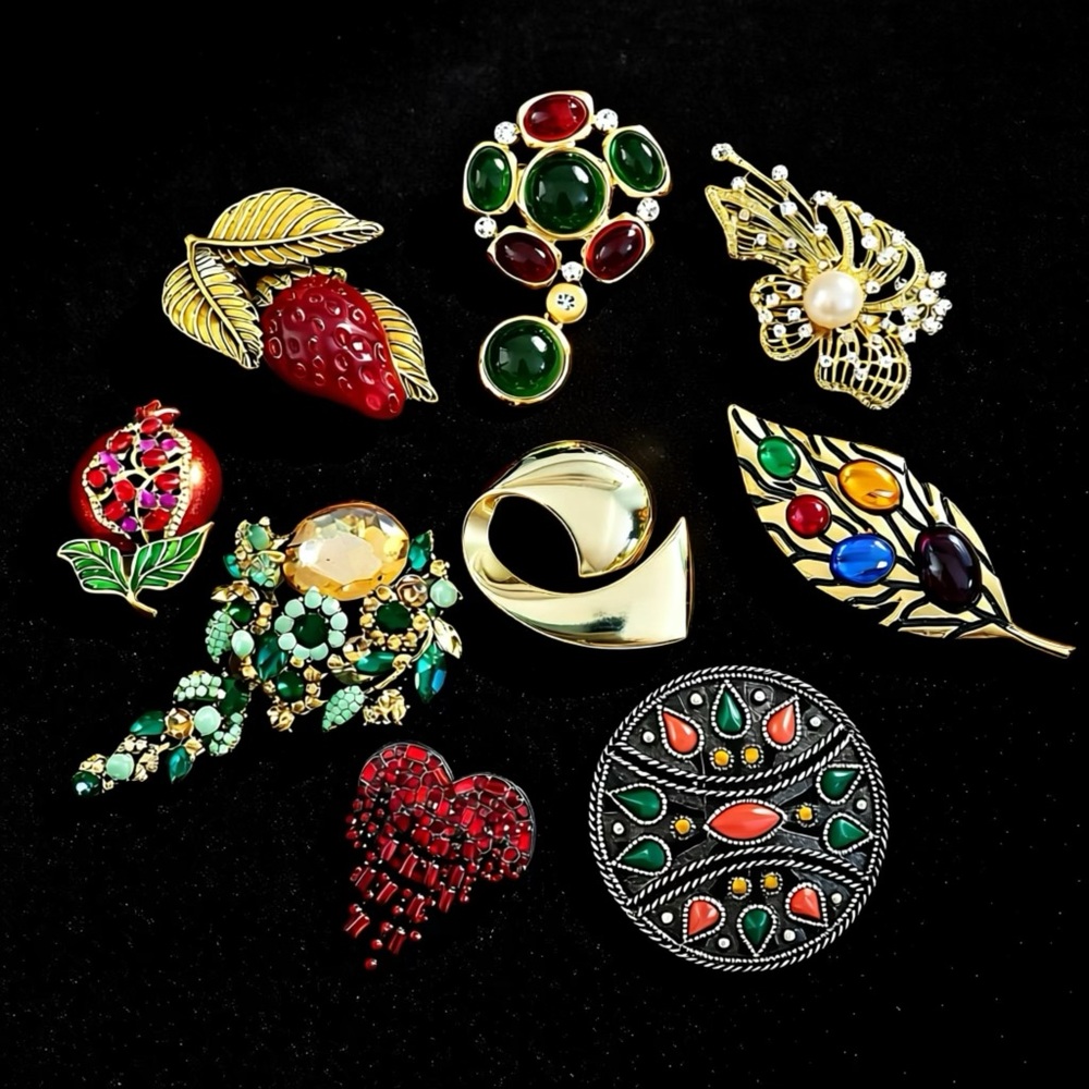 Vintage & Modern Brooch Collection, Gold, Reds,Greens, some stamped, 9